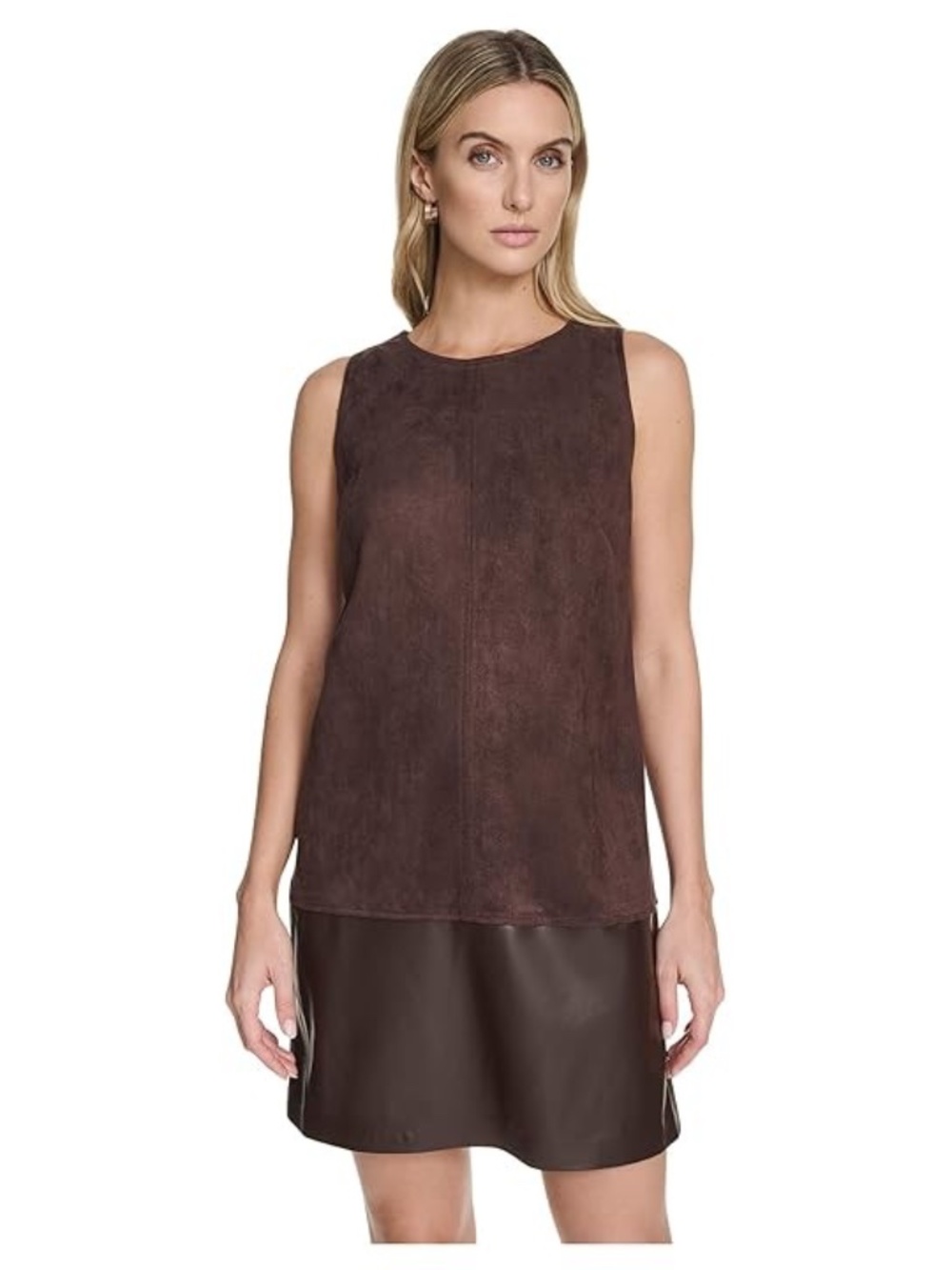 Calvin Klein Sleevless Suede Shift Women's Dress Coffee Bean : 8, Polyester/Span